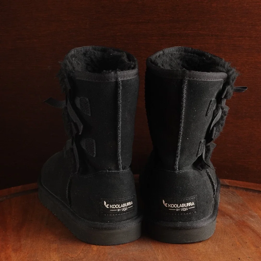 UGG Koolaburra Boots Youth SZ 2 BLK Victoria Short Bow Suede Winter Cozy Pull On